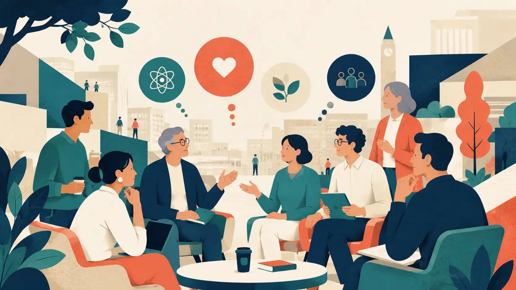 都市の大学で世代の異なる社会人が仕事や地域や人生について対話するイラスト