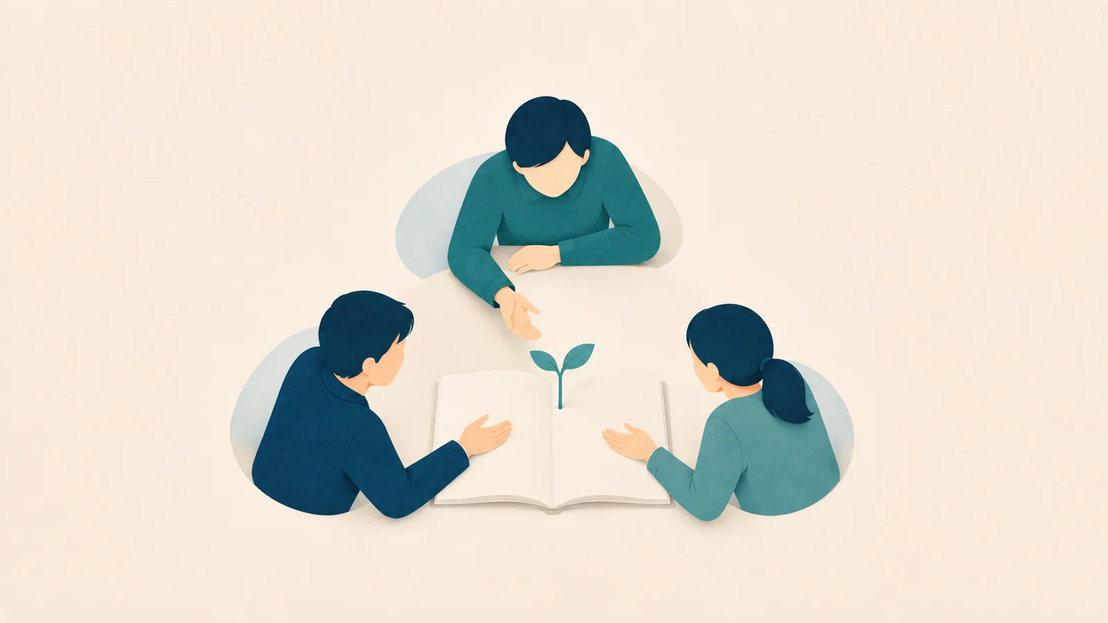 研究ノートから伸びる若い芽を、学生、研究者、企業人が対話しながら支えている場面