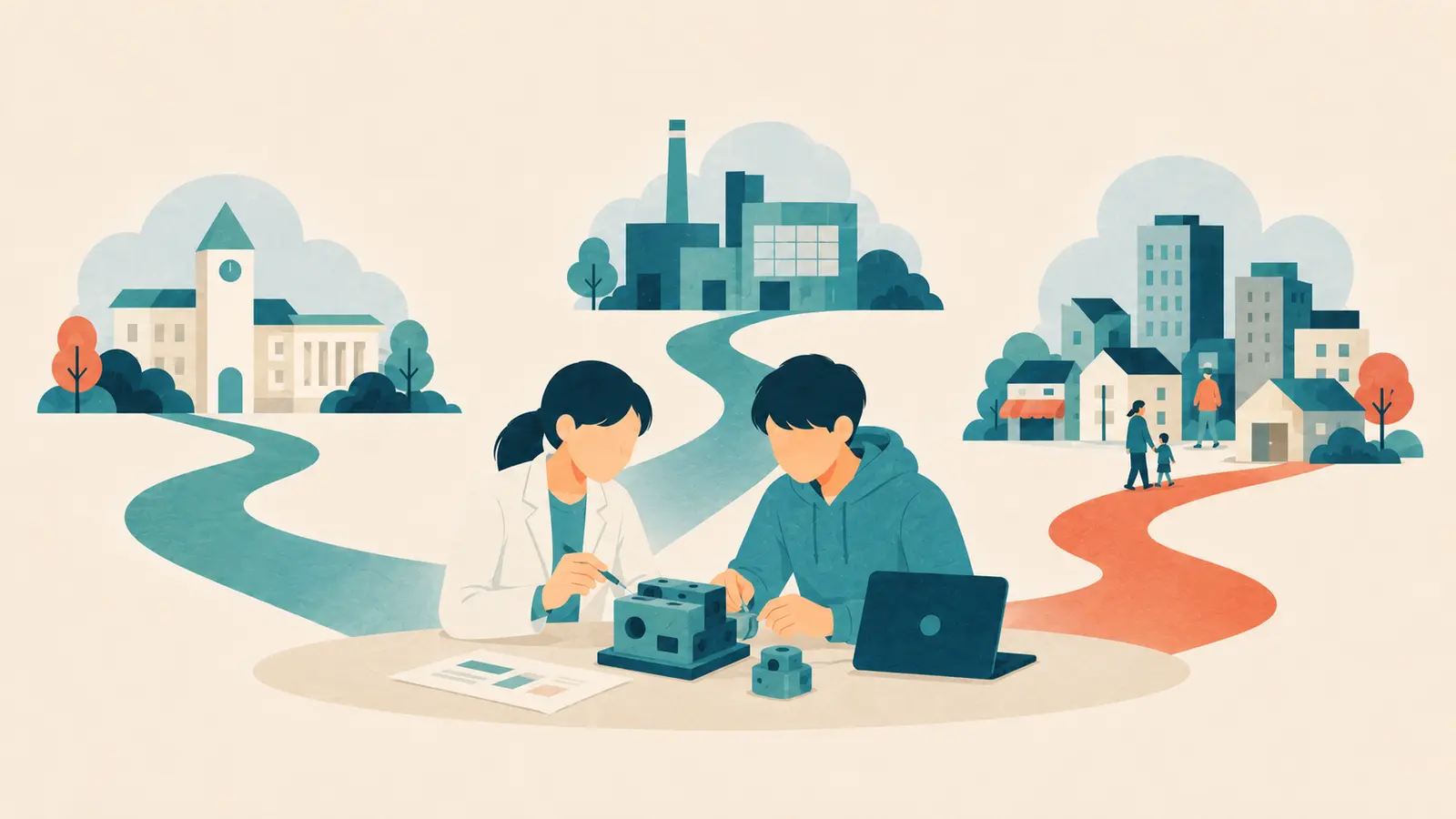 大学の研究室から生まれた技術が、企業、地域、暮らしへ橋を渡って広がる様子のイラスト