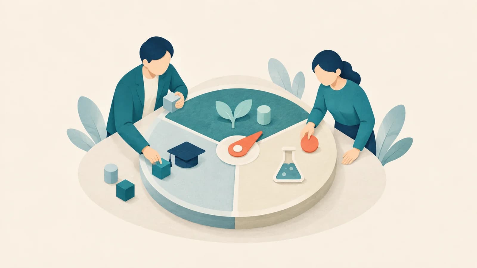 三つの領域に分かれた計画盤の上で、大学の担当者二人が限られた資源の部材を配置する紙の切り絵。