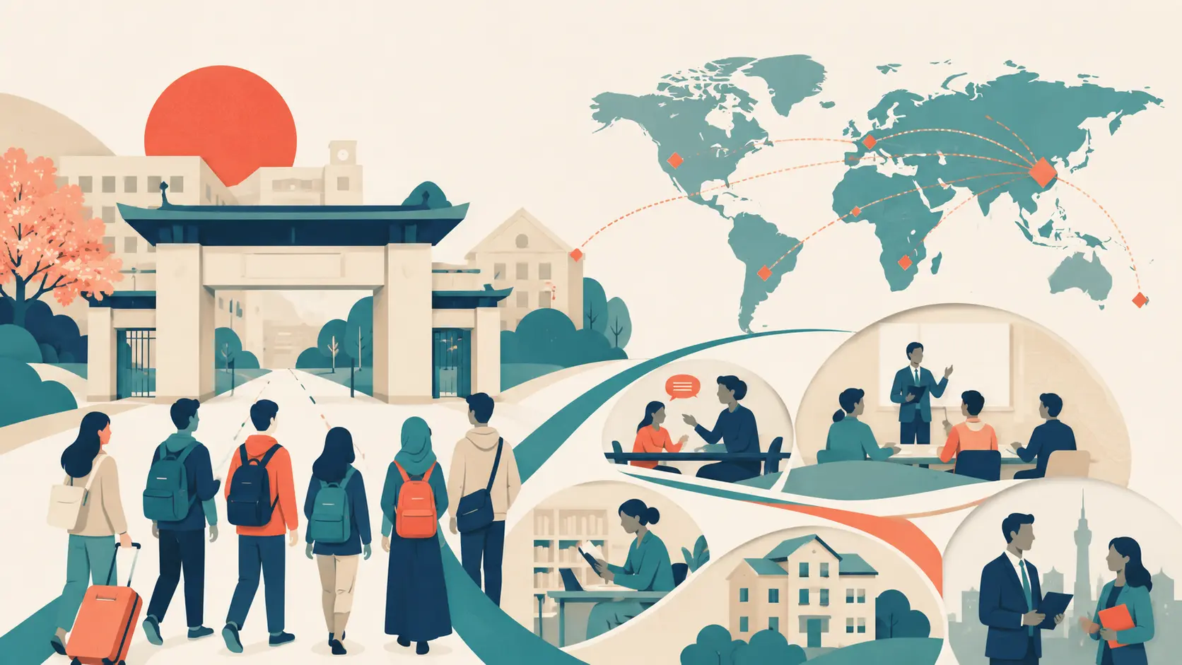 世界各地から日本の大学へ向かう留学生と学修・生活・就職支援を描いたイラスト