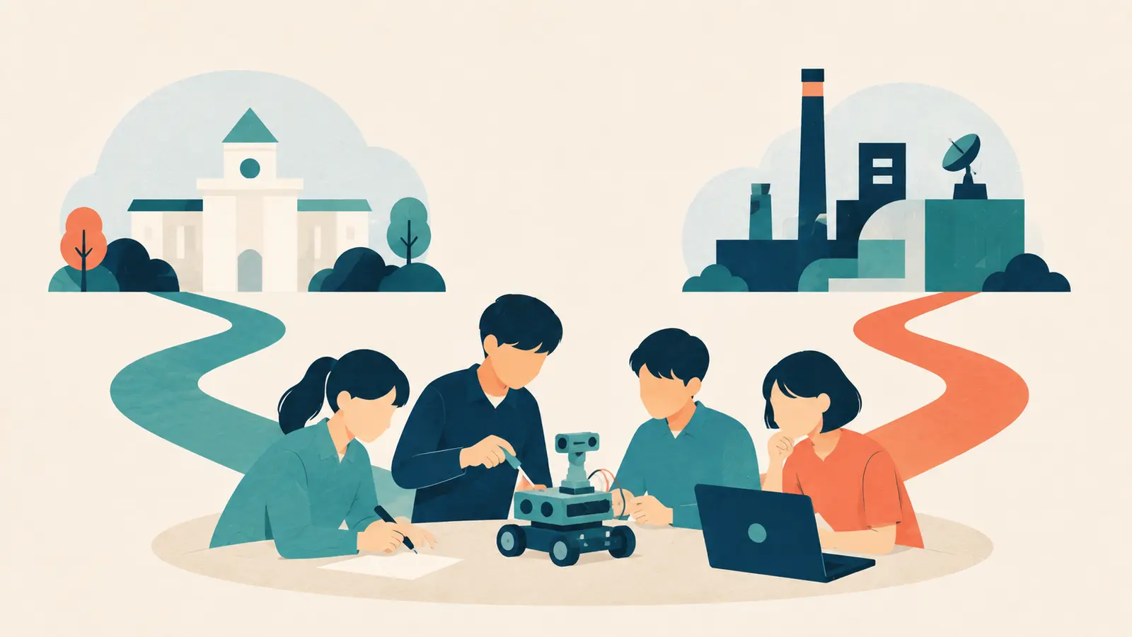 高専生がロボットを制作し、大学進学と産業界へ続く二つの道を見据えるイラスト